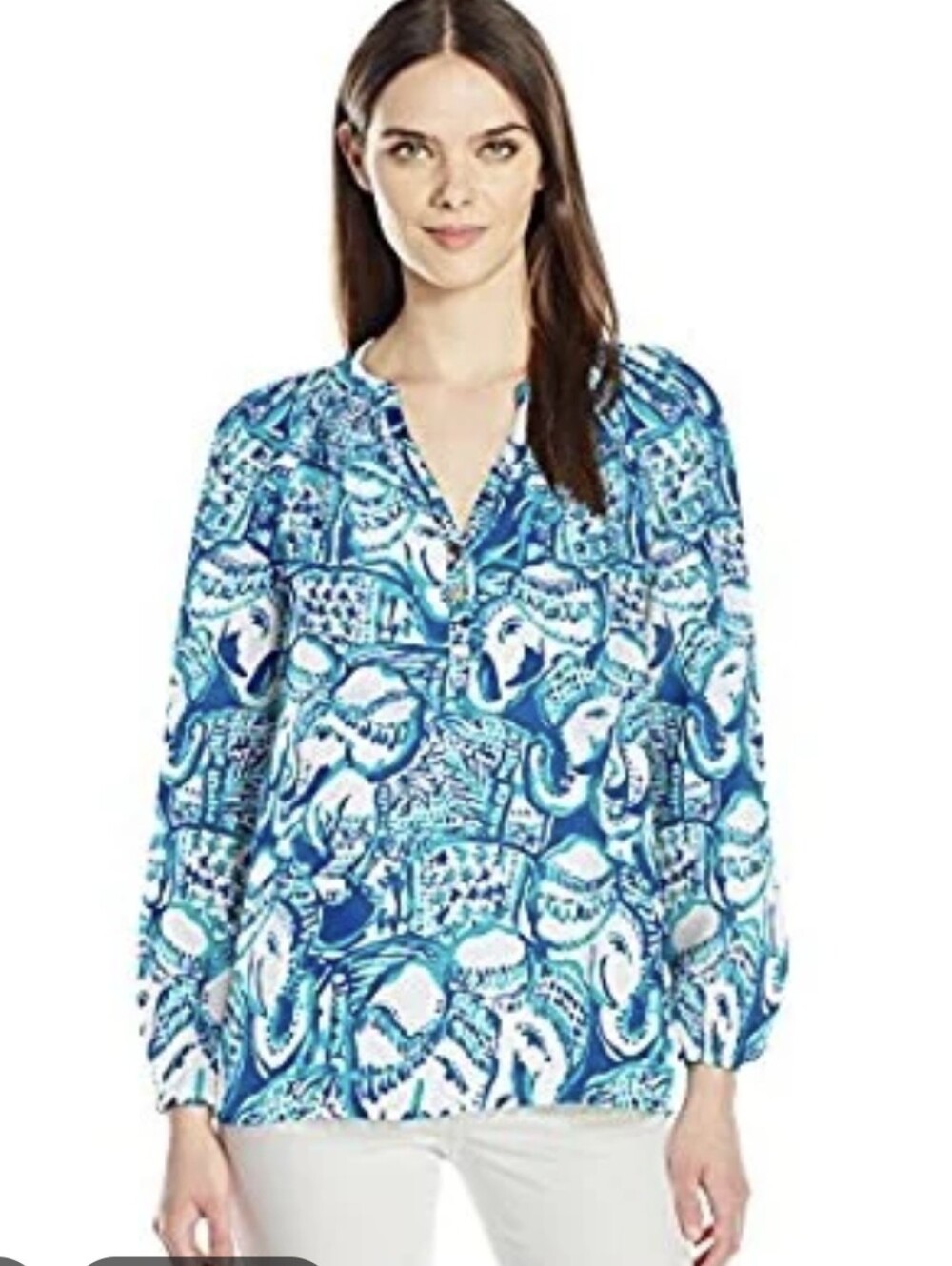 Lilly Pulitzer Elsa Silk Keep On Trunkin Blue Elepha Printed V-Neck Blouse